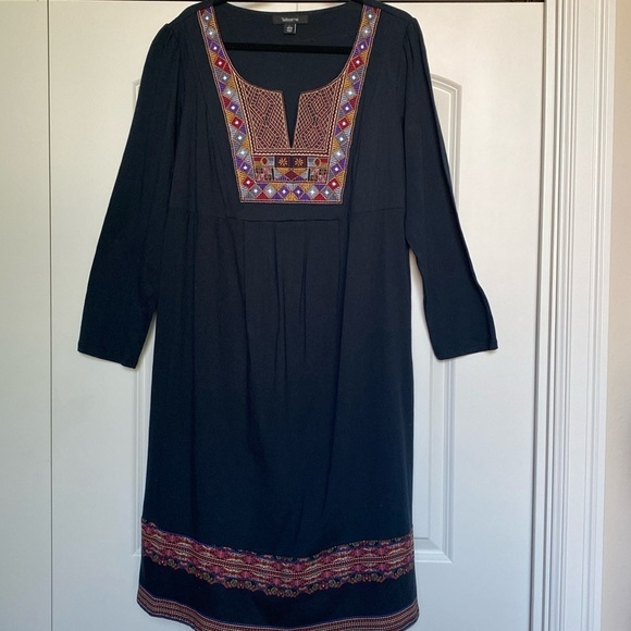 Tallissime Aztec print Embroidered dress Womens L Midi Black Cotton Artsy Boho - Picture 1 of 7
